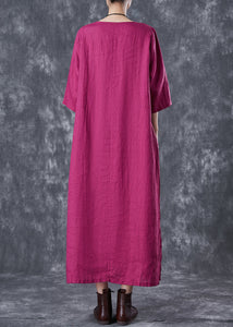 Rose Oversized Linen Holiday Dress Chinese Button Side Open Half Sleeve