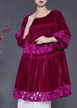 Load image into Gallery viewer, Rose Patchwork Lace Silk Velvet Dress Oversized Lantern Sleeve