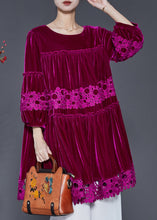 Load image into Gallery viewer, Rose Patchwork Lace Silk Velvet Dress Oversized Lantern Sleeve