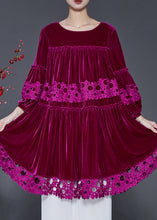 Load image into Gallery viewer, Rose Patchwork Lace Silk Velvet Dress Oversized Lantern Sleeve