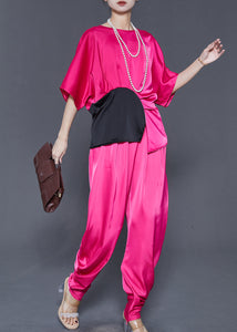 Rose Patchwork Silk Two Pieces Set Asymmetrical Design Summer