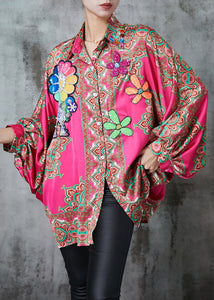 Rose Print Chiffon Tops Oversized Batwing Sleeve