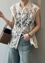 Load image into Gallery viewer, Sexy Beige V Neck Embroidered Floral Hollow Out Shirts Summer