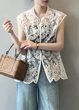 Load image into Gallery viewer, Sexy Beige V Neck Embroidered Floral Hollow Out Shirts Summer