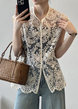 Load image into Gallery viewer, Sexy Beige V Neck Embroidered Floral Hollow Out Shirts Summer