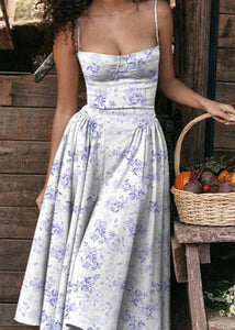 Sexy Blue Print Bustier Top Cotton Spaghetti Strap Dress Sleeveless