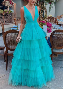 Sexy Blue V Neck High Waist Tulle Dress Sleeveless