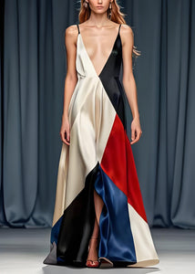 Sexy Colorblock V Neck Silk Spaghetti Strap Party Dress Sleeveless