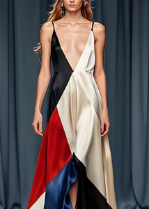 Sexy Colorblock V Neck Silk Spaghetti Strap Party Dress Sleeveless