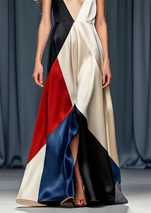 Sexy Colorblock V Neck Silk Spaghetti Strap Party Dress Sleeveless