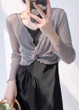 Load image into Gallery viewer, Sexy Grey V Neck Wrinkled Tulle Top Long Sleeve