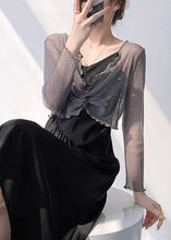 Load image into Gallery viewer, Sexy Grey V Neck Wrinkled Tulle Top Long Sleeve