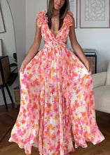 Load image into Gallery viewer, Sexy Pink Ruffled Print Lace Up Cotton Maxi Dress Sleeveless