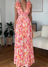 Load image into Gallery viewer, Sexy Pink Ruffled Print Lace Up Cotton Maxi Dress Sleeveless