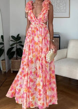 Load image into Gallery viewer, Sexy Pink Ruffled Print Lace Up Cotton Maxi Dress Sleeveless