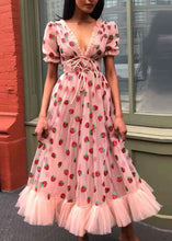 Load image into Gallery viewer, Sexy Pink V Neck Ruffled Lace Up Tulle Maxi Dresses Summer