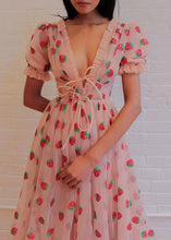 Load image into Gallery viewer, Sexy Pink V Neck Ruffled Lace Up Tulle Maxi Dresses Summer