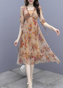 Sexy V Neck Print Patchwork Rivet Chiffon Long Dresses Half Sleeve