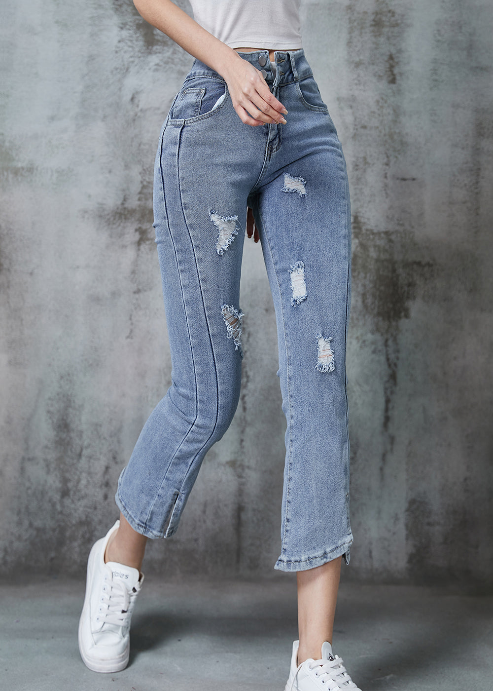 Silm Fit Light Blue High Waist Denim Ripped Crop Pants Summer