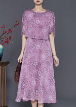 Load image into Gallery viewer, Silm Fit Purple Print Chiffon Fake Two Piece Dresses Summer