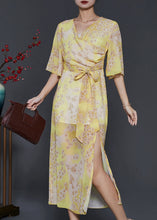 Load image into Gallery viewer, Silm Fit Yellow Print Side Open Chiffon Holiday Dresses Summer