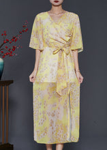 Load image into Gallery viewer, Silm Fit Yellow Print Side Open Chiffon Holiday Dresses Summer