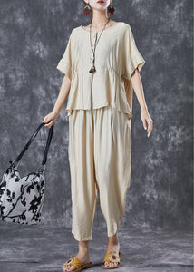 Simple Beige Oversized Wrinkled Cotton Two Pieces Set Summer