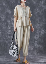 Load image into Gallery viewer, Simple Beige Oversized Wrinkled Cotton Two Pieces Set Summer