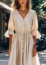 Load image into Gallery viewer, Simple Beige V Neck Lace Up Button Patchwork Cotton Dress Summer