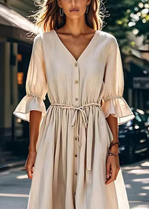 Simple Beige V Neck Lace Up Button Patchwork Cotton Dress Summer