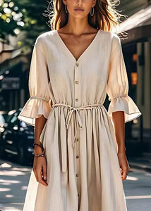 Simple Beige V Neck Lace Up Button Patchwork Cotton Dress Summer