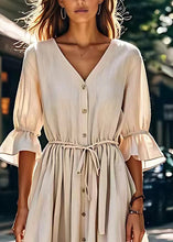 Load image into Gallery viewer, Simple Beige V Neck Lace Up Button Patchwork Cotton Dress Summer