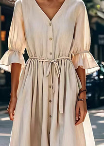 Simple Beige V Neck Lace Up Button Patchwork Cotton Dress Summer