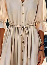 Load image into Gallery viewer, Simple Beige V Neck Lace Up Button Patchwork Cotton Dress Summer