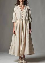 Load image into Gallery viewer, Simple Beige V Neck Wrinkled Patchwork Linen Dress Summer