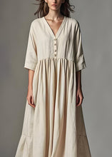 Load image into Gallery viewer, Simple Beige V Neck Wrinkled Patchwork Linen Dress Summer