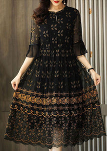 Simple Black Embroidered Patchwork Tulle Maxi Dresses Summer