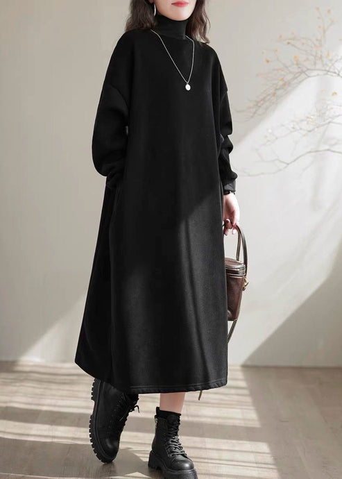 Simple Black Hign Neck Pockets Warm Fleece Long Dress Winter