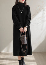 Load image into Gallery viewer, Simple Black Hign Neck Pockets Warm Fleece Long Dress Winter