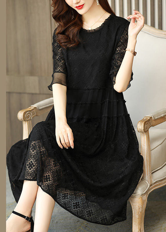 Simple Black O Neck Embroidered Patchwork Chiffon Dresses Half Sleeve