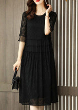 Load image into Gallery viewer, Simple Black O Neck Embroidered Patchwork Chiffon Dresses Half Sleeve