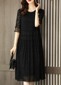 Simple Black O Neck Embroidered Patchwork Chiffon Dresses Half Sleeve