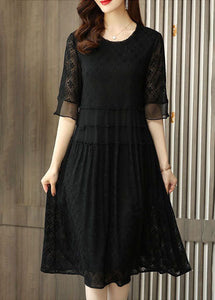 Simple Black O Neck Embroidered Patchwork Chiffon Dresses Half Sleeve