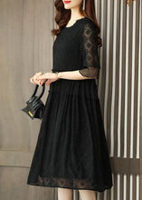 Load image into Gallery viewer, Simple Black O Neck Embroidered Patchwork Chiffon Dresses Half Sleeve