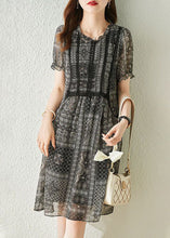 Load image into Gallery viewer, Simple Black O Neck Lace Patchwork Print Chiffon Dresses Summer