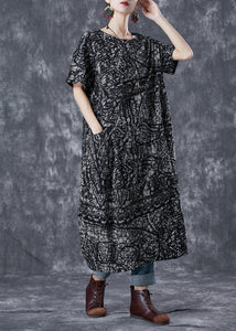 Simple Black Oversized Print Linen Robe Dresses Summer