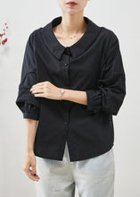 Load image into Gallery viewer, Simple Black Peter Pan Collar Wrinkled Cotton Tops Summer