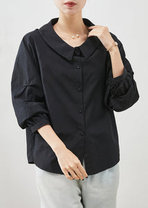 Simple Black Peter Pan Collar Wrinkled Cotton Tops Summer