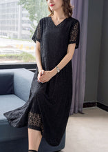 Load image into Gallery viewer, Simple Black V Neck Wrinkled Patchwork Lace Dresses Summer