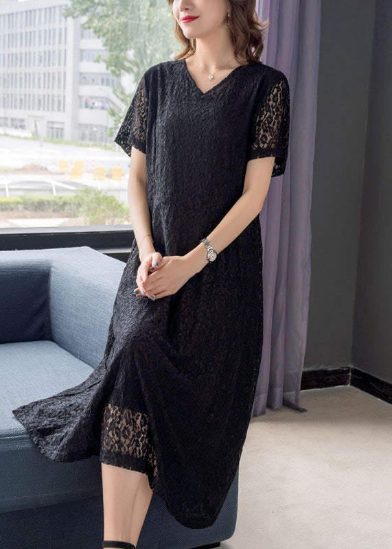 Simple Black V Neck Wrinkled Patchwork Lace Dresses Summer